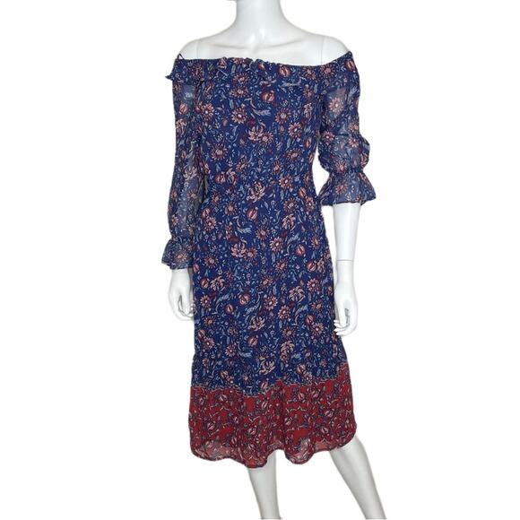 Collective Concepts Women’s Blue Red Multi Floral Off Shoulder Midi Dress Sz XS - Picture 1 of 4